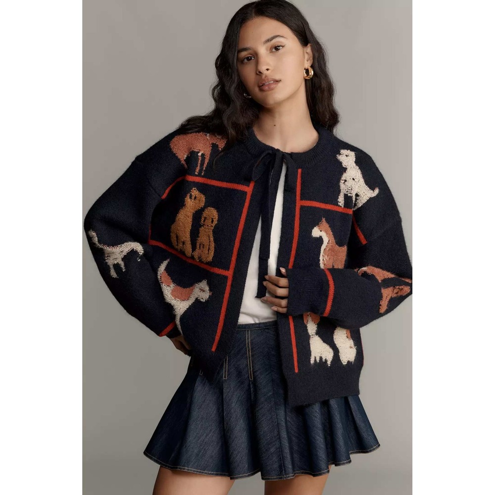NWT Maeve Anthropologie Dogs Tie Front Cardigan Navy Blue Intarsia Sweater O/S